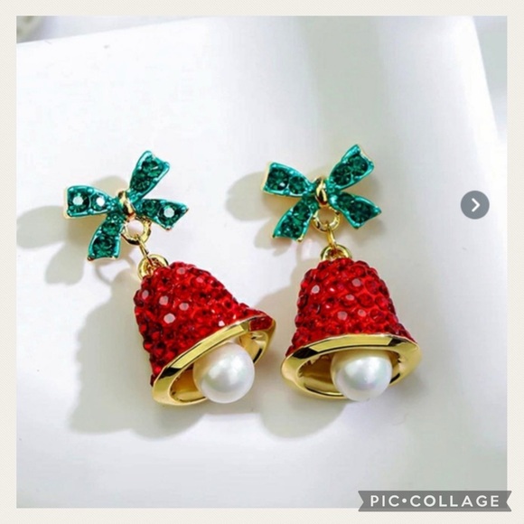 NEW Xmas Red & Green Rhinestone Pearl Bell Post Earrings - Picture 3 of 13